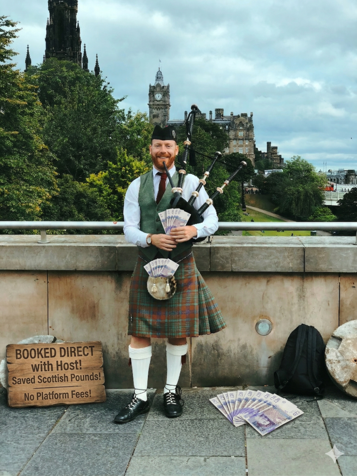 Scottish bagpiper in kilt - book direct vs Airbnb to save money on your Scotland trip